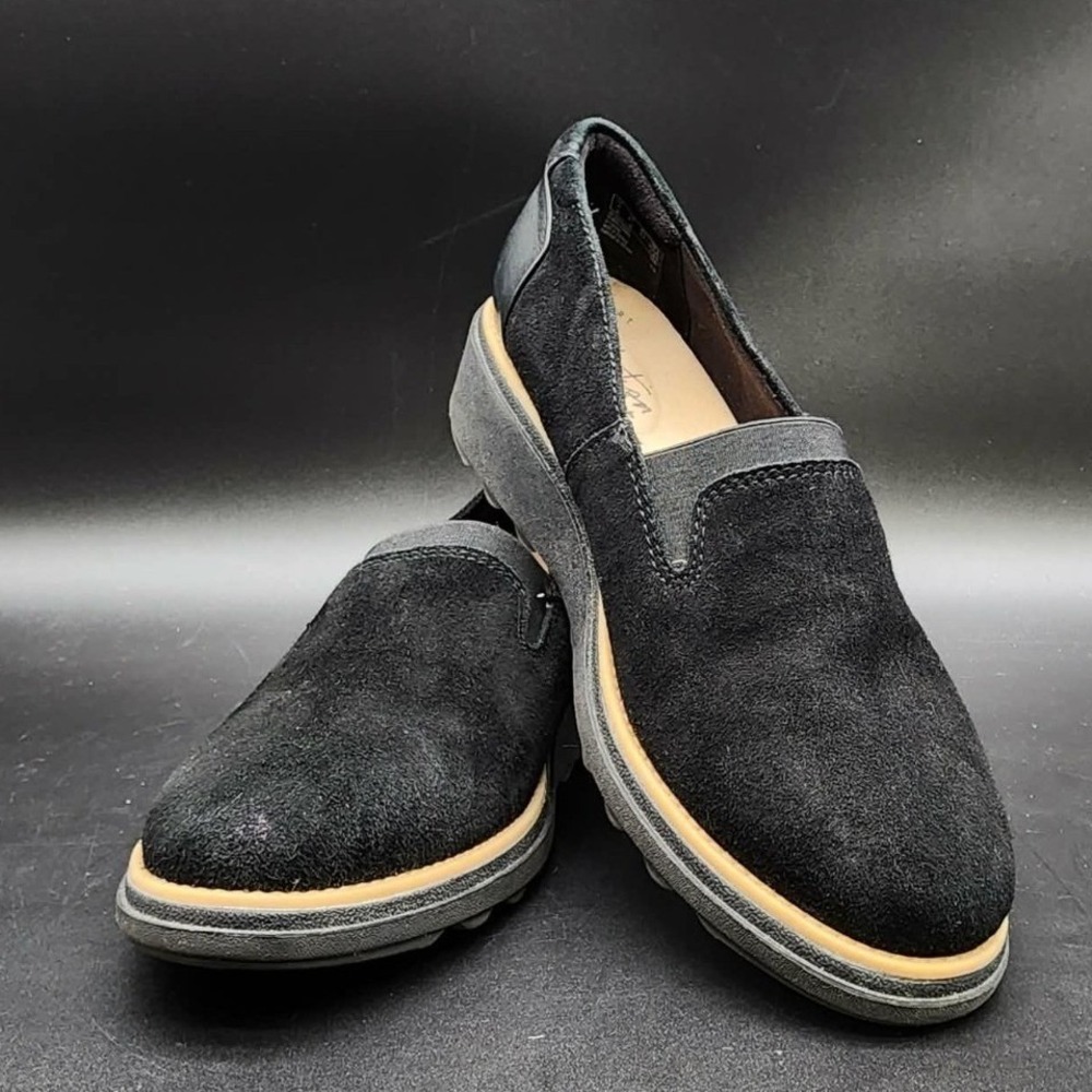 Clarks Sharon Dolly Black Suede Wedge Loafers Womens 6.5 Slip On Comfort Shoes